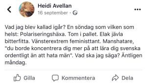 Heidi Avellans statusuppdatering på Facebook i september 2019. Heidi Avellans statusuppdatering på FB i september 2019.