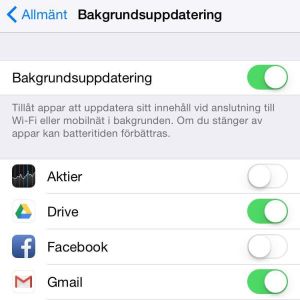 Det går också att ställa in uppdateringen applikationsvis. bakgrundsuppdatering inställningar iphone