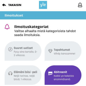 Kuvassa screenshot Yle.fi -sovelluksen valikosta, josta voi tilata ilmoitukset omat kännykkäänsä.