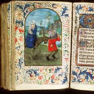 Maria, Joosef ja Jeesus-vauva pakenemassa Egyptiin, kirjan kuvitusta 1400-luvulta, on osa: The Hague, KB, 128 G 31; ByvanckB; Middeleeuwse verluchte handschriften