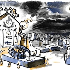 illustration av hjältegrav och sörjande familj, kransar och gravgård