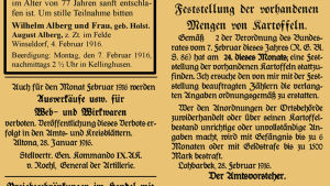 En annons ur Lockstedter-Haide-Bote våren 1916 där befolkningen uppmanas att berätta hur mycket potatis de har hemma Lockstedter-Haide-Bote 1916