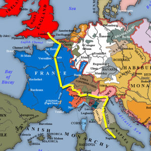 Burneyn matkareitti vuoden 1700 Euroopan kartalla.