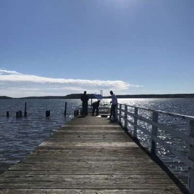 människor avlägset på brygga i solsken