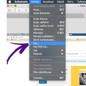 Mac-koneessa tiedostomuotoa voi vaihtaa Esikatselu-ohjelmassa. macOS Esikatseluohjelmalla kuvatiedoston vaihtaminen, nuoli osoittaa Arkisto valikon alla Vie... kohtaa