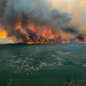Stor skogsbrand hotar hus i närheten av Bordeaux.