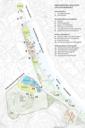 De olika objekten på kartan. En karta över västra åstranden med de olika objekten utmärkta.