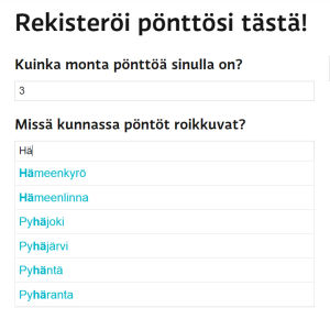 Paikkakunta valitaan alas putoavasta valikosta ennen rekisteröintiä. Rekisteröintilomake. Miljoona linnunpönttöä.