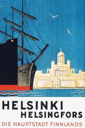 Nostalgisk affisch från 1930. Ett segelfartyg står förtöjt vid kajen, Helsingfors domkyrka i bakgrunden.