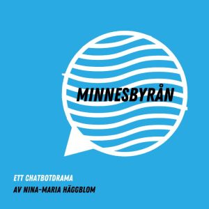 Minnesbyrån Randig pratbubbla med blå bakgrund, PR-bild för Minnesbyråns föreställning under Hangö Teaterträff 2020
