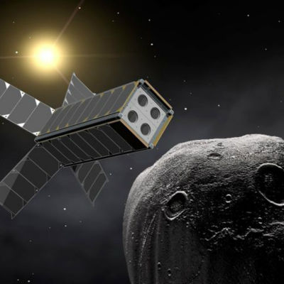 Illustrationsbild av en satellit nära ett asteroidpar.