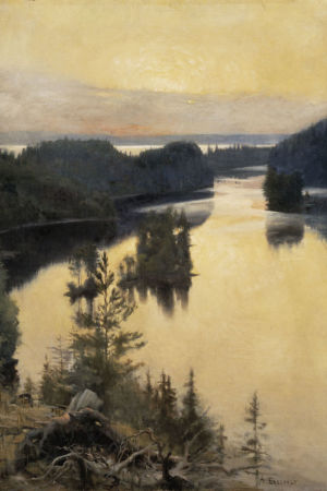 Edelfelts målning, Solnedgång över Kaukola ås, som tillhör Nationalgalleriet. Edelfelts målning, Solnedgång över Kaukola ås.