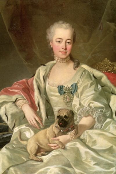 Maalaus koirasta prinsessan sylissä.