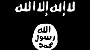 Isis-järjestön lippu. Ylhäällä lukee: ei ole muuta jumalaa kuin Allah. Alhaalla: Muhammed on Jumalan prodeetta