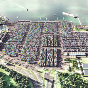 En bild på hur den nya jättehamnen är tänkt att se ut.