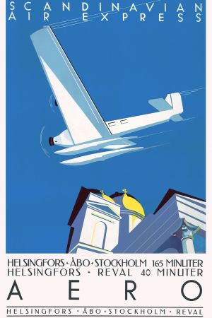 Affisch från 1930 berättar hur snabbt man flyger från Helsingfors till närliggande städer. Tecknad affisch av ett flygplan som flyger över Helsingfors domkyrka.