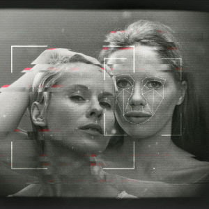 Två kvinnor i svartvitt omgivna av mönster som ska påminna om digitala element.