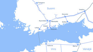 Gasums bild på hur röret placeras mellan Finland och Estland. En karta som visar hur gasröret ska gå från Estland till Finland.