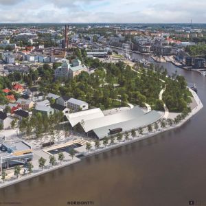 En illustrerande bild över ett nytt museibygge i Åbo hamn. På bilden syns en byggnad som ser ut som tre avlånga tak radade bredvid varandra. 