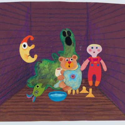Kylmettynyt nalle lämmittelee ympärillään Pikku Kakkosen hahmot. Animaatiotausta Camilla Mickwitzin animaationelokuvaan Heikot jäät, 1986.