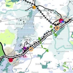 I förslaget till ny landskapsplan är Ekenäs och Karis centrum röda prickar. De beigestreckade områdena är utvecklingsområden kring centrum där planen ger grönt ljus att bygga en stormarknad. En planläggningskarta över Karis och Ekenäs.