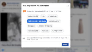 Så här ser det ut då du anmäler ett inlägg på Facebook. Bilden föreställer det fönster som visas ifall man vill rapportera stötande material på Facebook.