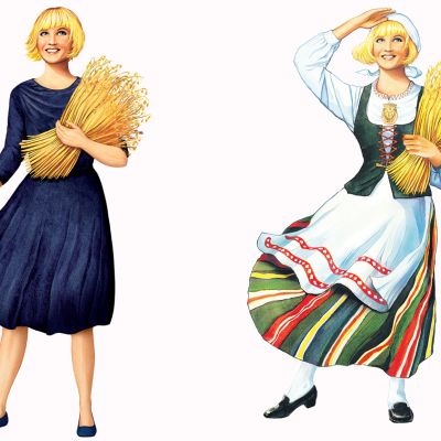 Elovena-tyttö uudessa sinisessä mekossa ja vieressä vanha kansallispukuinen Elovena-tyttö.