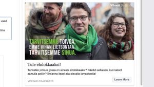 Facebook-reklam i samband med kommunalvalet 2017. Skärdump på en reklam från De Gröna.