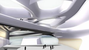 Politiska motståndare sköt ner Guggenheim i Taichung och projektet fick inte tillräcklig offentlig finansiering. Zaha Hadids plan för Guggenheim ser vit och futuristisk ut.