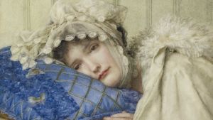Kritiserad kudde. Denna kudde och kvinna (Girl in a Bonnet with her Head on a Blue Pillow) är målad av den brittiska konstnären Anna Alma-Tadema (1867–1943). Målning av en kvinna som ligger med huvudet på en blå kudde.