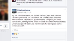 Facebook-screenshot av Mika Raatikainens status.