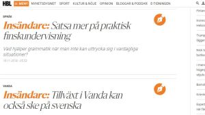 Från Hufvudstadsbladets nätsida för insändare 19.11.2018. Skärmdump av HBL:s webbsida för insändare. Rubriker.