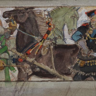 Akseli Gallen-Kallelan väritetty piirros Joukahaisen ja Väinämöisen kilpalaulannasta.