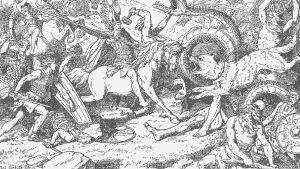 Här var det Ragnarök för hela slanten. Gudarnas död och jordens undergång. Tor som möter Midgårdsormen och Oden som rider fram mot Fenrisulven. Målning av Johannes Gehrts.