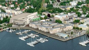 En plan för Norra hamnen. I den här planen syns de bostäder som för närvarande byggs. I bakgrunden syns också det omtvistade köpcentrumet vars öde ännu inte är avgjort. Den nu aktuella platsen ligger till höger om bostäderna där det syns en låg byggnad. Bostäder och köpcentrum som planeras i Norra hamnen