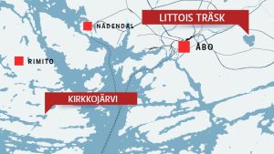 Kartan visar de två sjöarna som har behandlats med polyaluminiumklorid. Karta över Kirkkojärvi i Rimito och Littois träsk