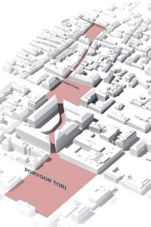 En promenadgata tvärs genom kvarter 23 skulle förbinda Gamla stan med Empirestaden på ett naturligt sätt. Man skulle kunna gå i en nästan rak linje från torget till Rådhustorget. En skiss av Borgå centrum. Allt annat är vitt förutom Borgå torg, Krämartorget och Rådhustorget samt vägarna som förbinder dem med varandra. De är utritade i rött.