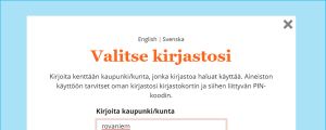 eKirjasto-sivustolta pääset yleisten kirjastojen e-aineistoihin. Kuvassa kuvakaappaus eKirjasto.fi-sivulta, jossa nuoli kertoo mistä pääsee valitsemaan oman krijastonsa