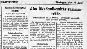 Åbo Underrättelser skrev den 19 juni 1917 om akademikommitténs möte föregående dag. I samma tidning berättades bland annat om spannmålsbeslagtagningarna som tagits i bruk på grund av livsmedelsbristen i landet. Åbo Underrättelser 19 juni 2017