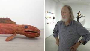 Veikko Hirvimäen Kalajuttuja on alkuvuoden puhutuin taideteos Suomessa. // Kuva: Galerie Forsblom / Otto Eskola, Yle