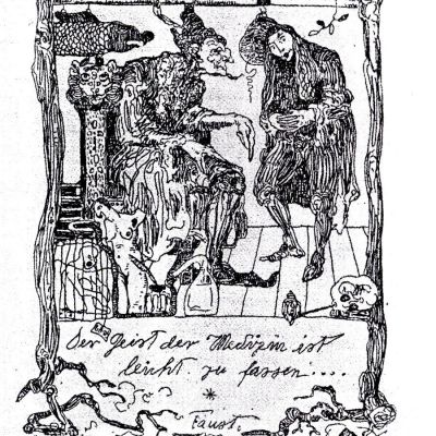 Faust ja Mefistofeles esiintyvät myös Paul Kleen tekemässä Ex Libris -merkissä. Faustin sitaatti käännettynä: "Lääketieteen henki on helposti ymmärrettävissä...". (Paul Klee 1879–1940), 1901.