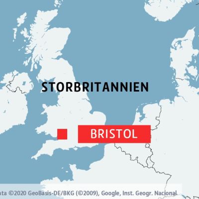 Karta över Storbritannien. Bristol har markerats med en röd kvadrat och texten Bristol till höger om kvadraten. Även delar av norra Europa visas på kartan.