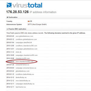 Kuvakaappaus Virustotal-palvelun Cleandevice365:n ip-osoitteella saaduista tiedoista.