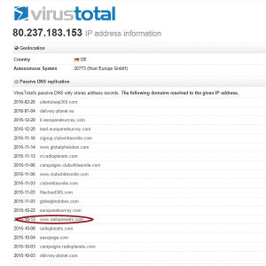 Kuvakaappaus Virustotal-palvelusta Radioplanetin ip-osoitteella antamista tiedoista.