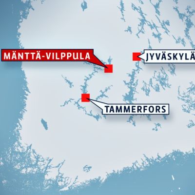 Kartan visar att Mänttä-Vilppula ligger mellan Tammerfors och Jyväskylä.