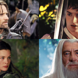 Taru sormusten herrasta -trilogia: Aragorn (Viggo Mortensen), Arwen (Liv Tyler), Frodo (Elijah Wood), Gandalf (Ian McKellen)