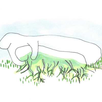 Illustration där en abstrakt kropp greppar jorden och gräs