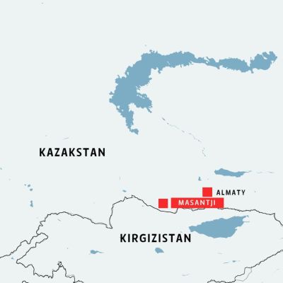 Kazakstan, staden Almaty och byn Masantji utmärkt på kartan. Också grannlandet Kirgizistan är utmärkt.