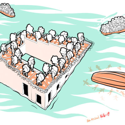 bild av flyktingbåtar och europa som fästning