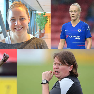 Yle Sportens experter vid dam-VM 2019: Jessica Lagerblom, Heidi Lindström, Adelina Engman, Lina Lehtovaara och Marianne Miettinen.